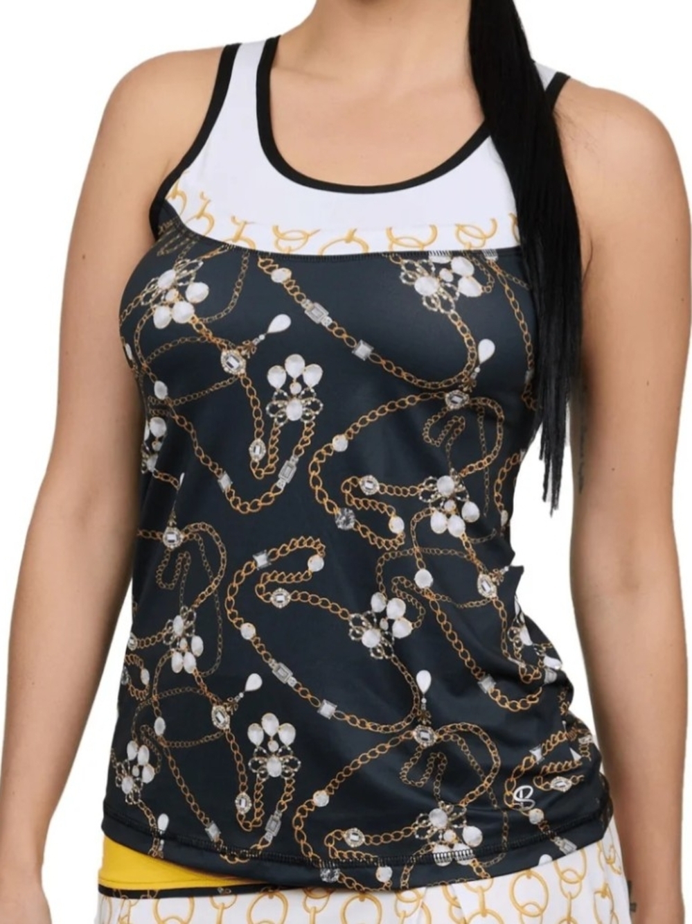 SOFIBELLA Chain Jewel Stone  Print Athletic Tank Top in Black, White  & Gold